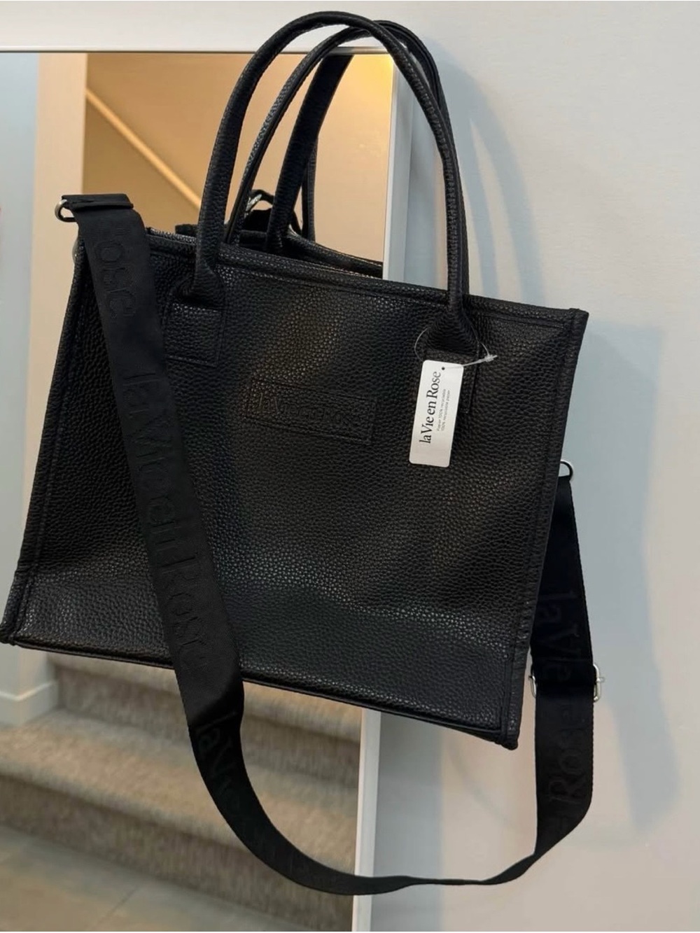 La Vie En Rose Black Textured Tote Bag with Top Handles